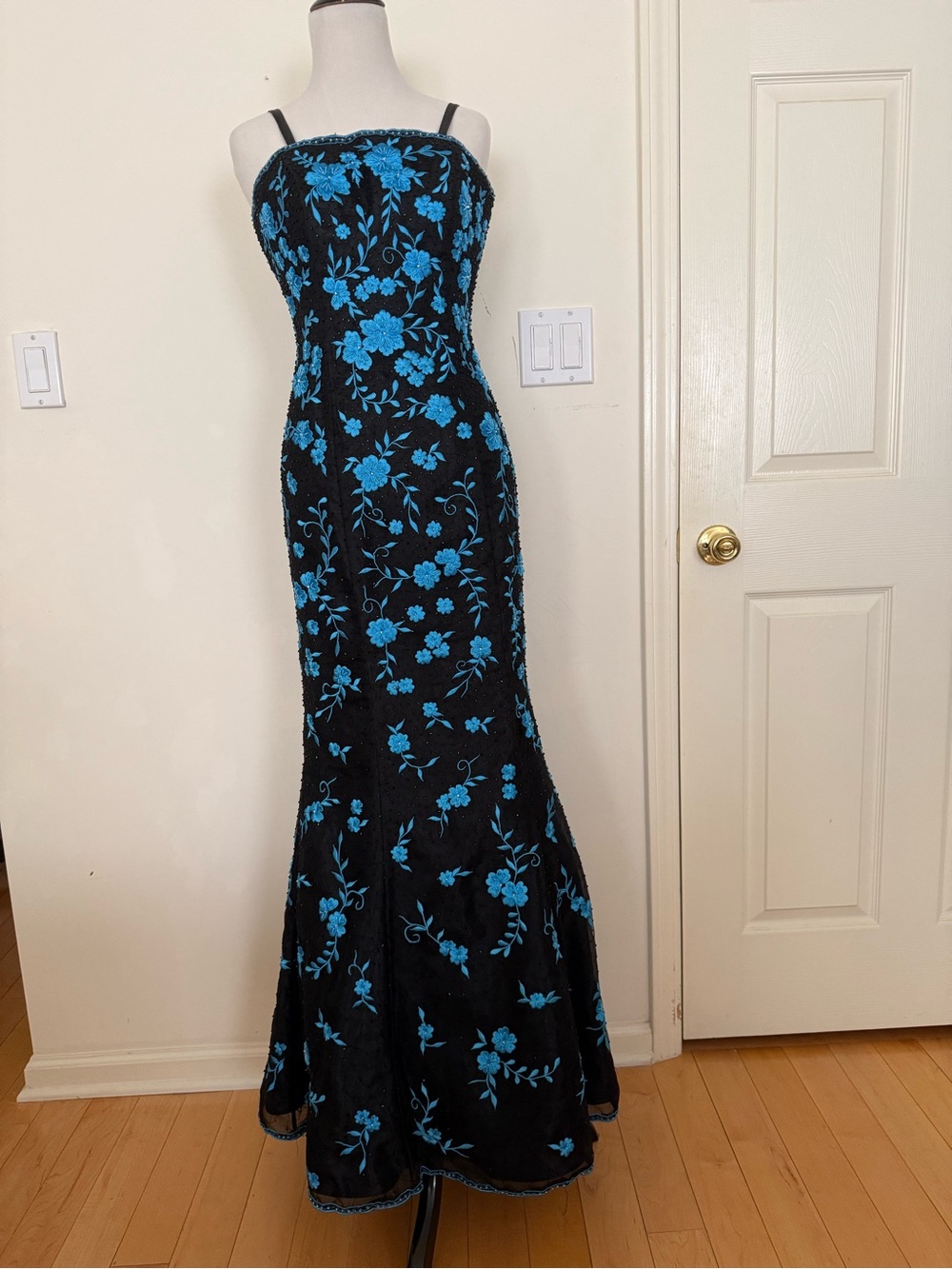 Black Dress with Blue Floral Embroidery - Women's Evening Gown